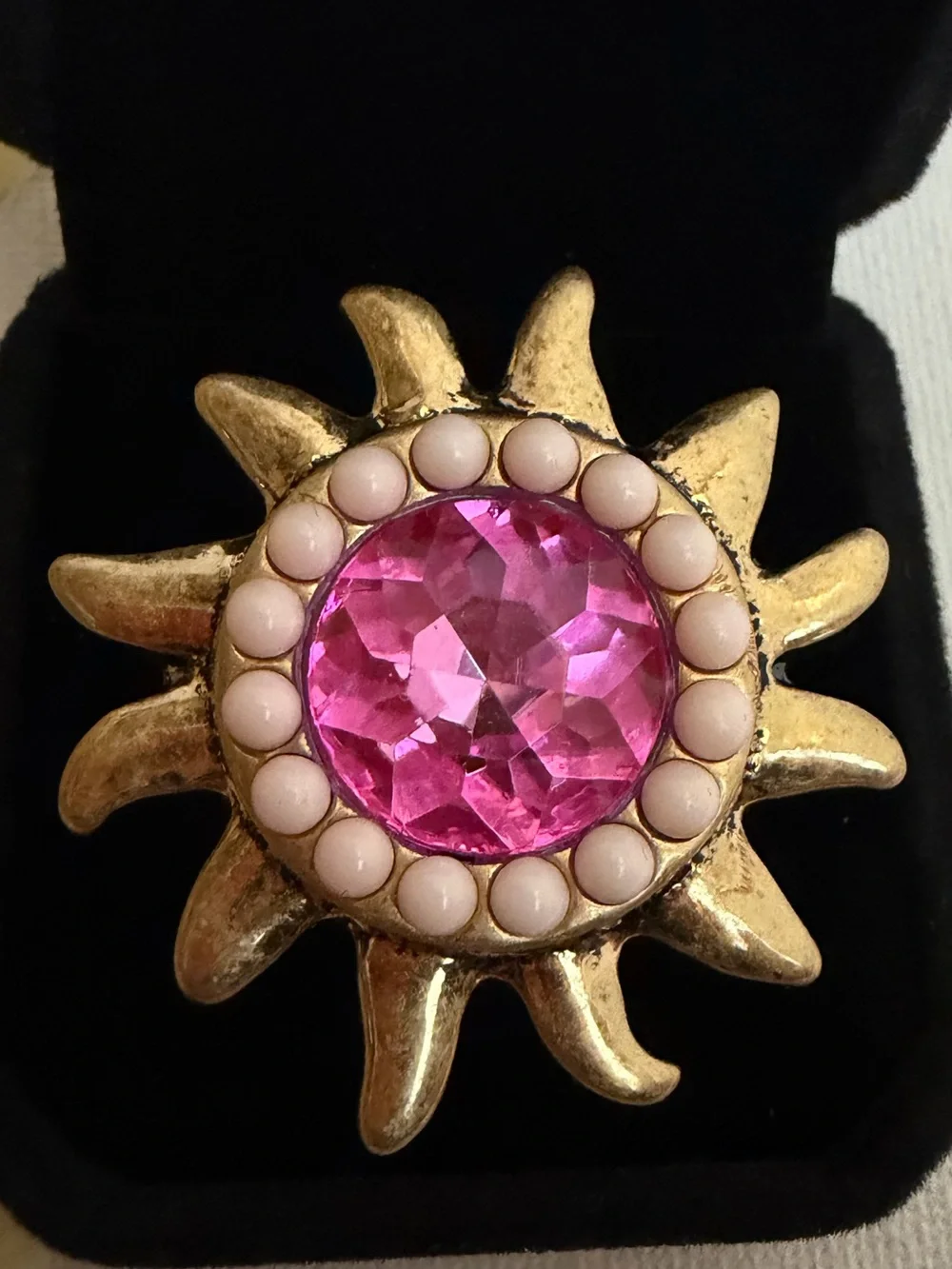 Kurt Geiger Gold Sunburst Cocktail Ring with Pink Stone Sz 9